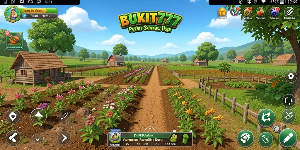 Screenshot BUKIT777 menampilkan kebun yang rimbun dan hewan ternak.
