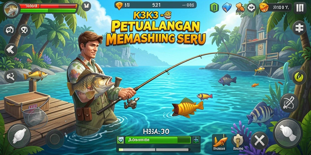 Tampilan gameplay K3K3 dengan suasana memancing yang menakjubkan.