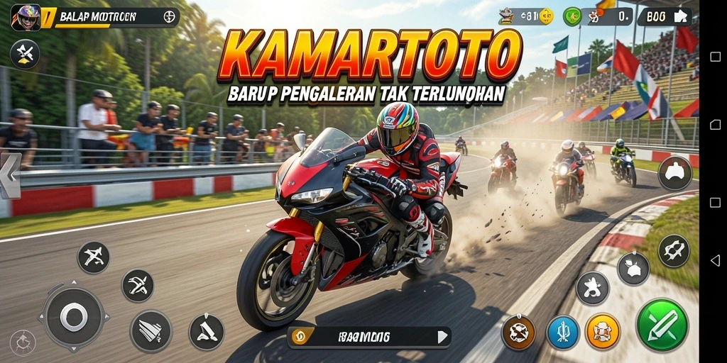 Screenshot KAMARTOTO menampilkan aksi balap motor yang seru dan menegangkan.
