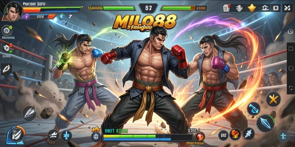 Screenshot tampilan gameplay seru dalam pertempuran Fighting.