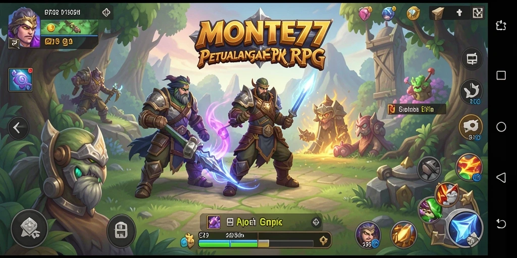 Screenshot utama MONTE77 menampilkan aksi bertempur dalam gameplay RPG yang seru.