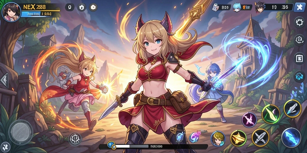 Tangkapan layar NEX288 menunjukkan aksi seru dalam pertempuran karakter anime.
