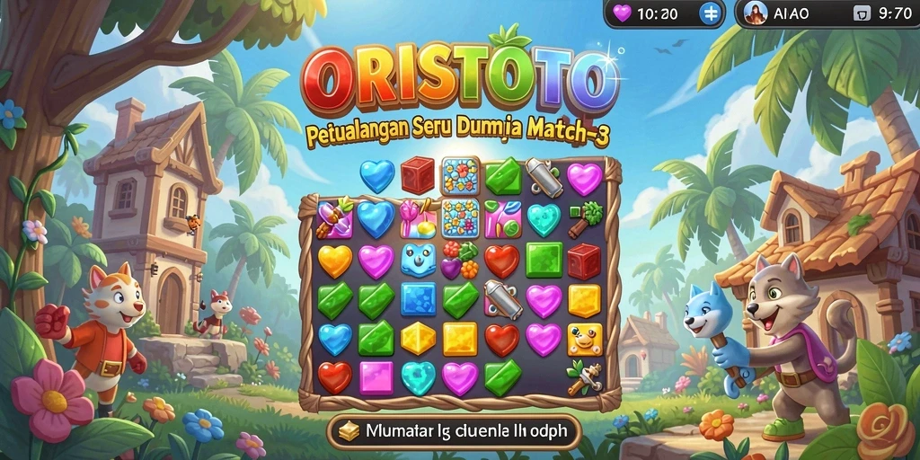 Tampilan gameplay ORISTOTO dengan kombinasi warna cerah dan karakter unik.