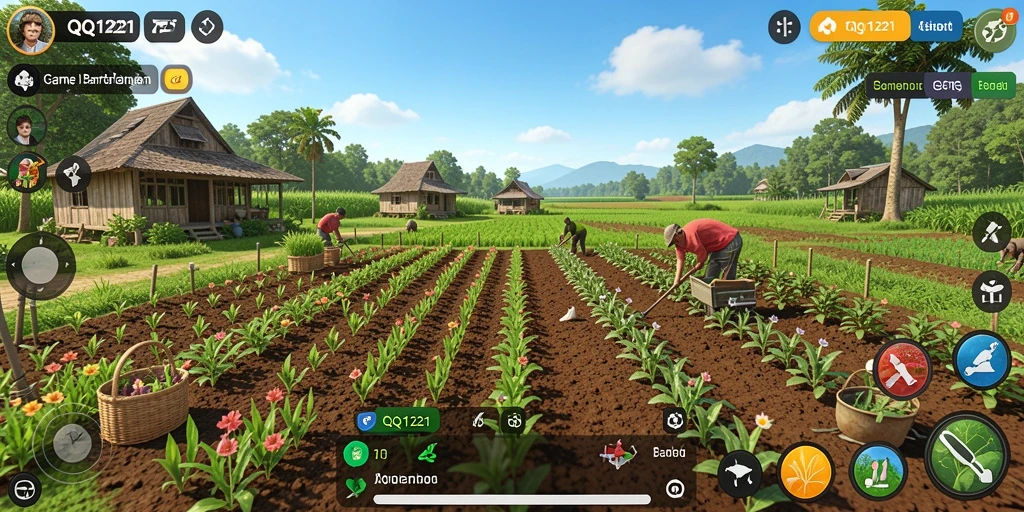 Tampilan gameplay menarik dari QQ1221 dalam bertani dan mengelola lahan.