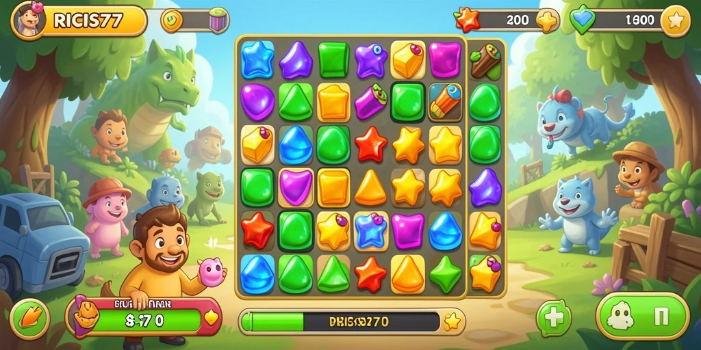 Tampilan gameplay RICIS77 dengan permata berwarna dan tantangan seru.