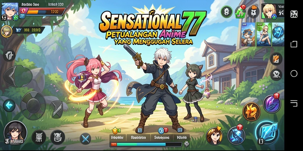 Tangkapan layar gameplay SENSATIONAL77 menunjukkan karakter anime yang memukau.