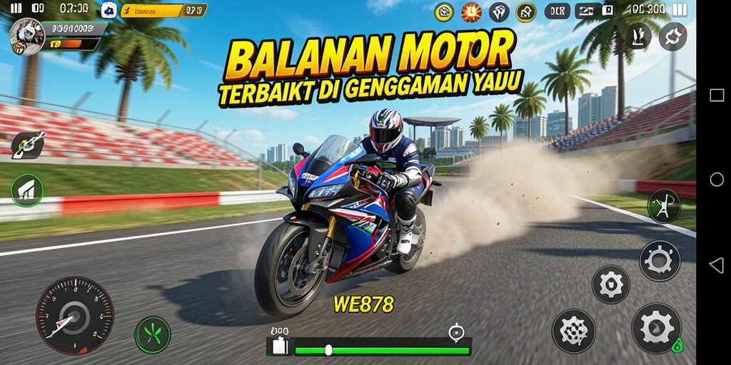 Screenshot gameplay WE878 yang menampilkan aksi balapan motor yang seru.